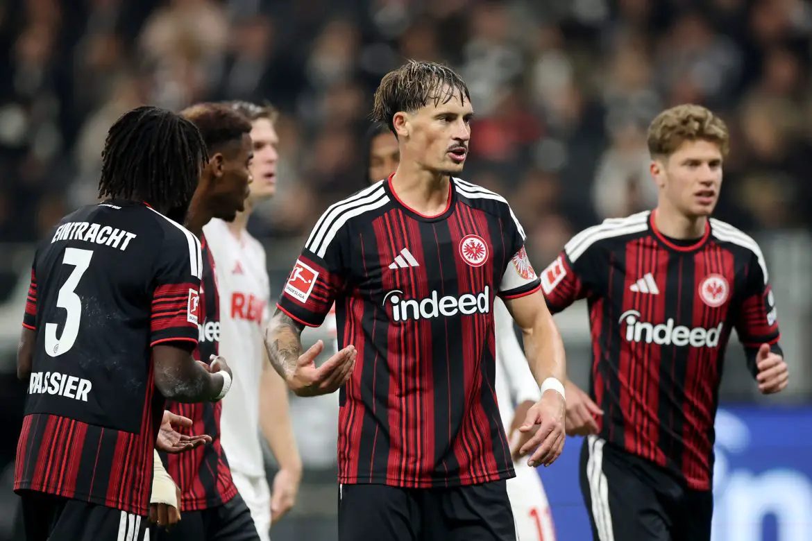 Eintracht Frankfurt captain Robin Koch (center) during Friday night's Bundesliga match against Cologne.