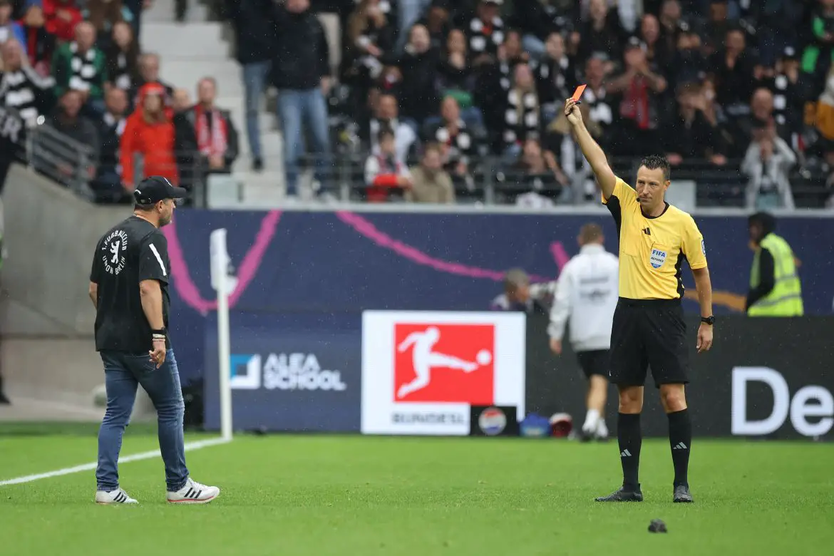 Steffen Baumgart getting ejected from Union Berlin's Bundesliga match on Sunday.