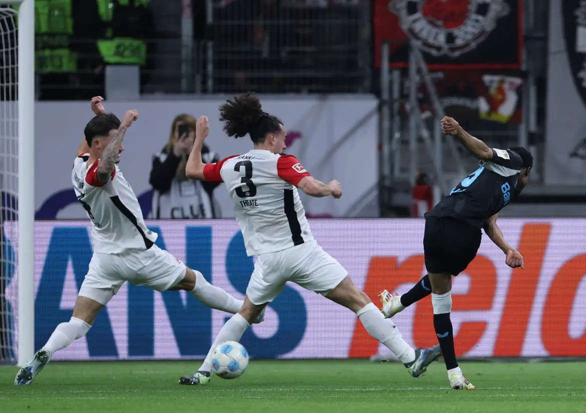 Bayer Leverkusen attacker Nathan Tella opens the scoring in the Bundesliga against Eintracht Frankfurt.