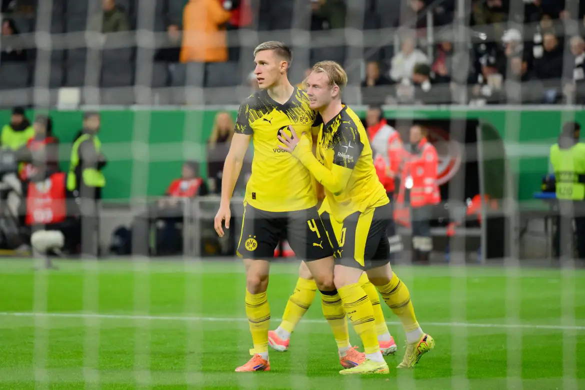 Julian Brandt of Borussia Dortmund celebrates scoring a goal that should not have counted in Tuesday evening's SFB Pokal against Eintracht Frankfurt.