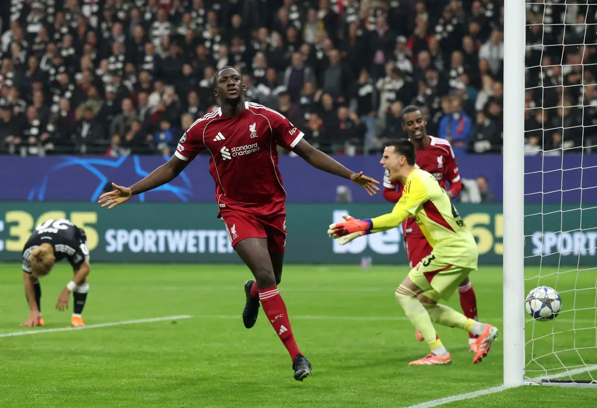 Liverpool's Inrahima Konaté celebrates scoring against Eintracht Frankfurt in the Champions League on Wednesday.