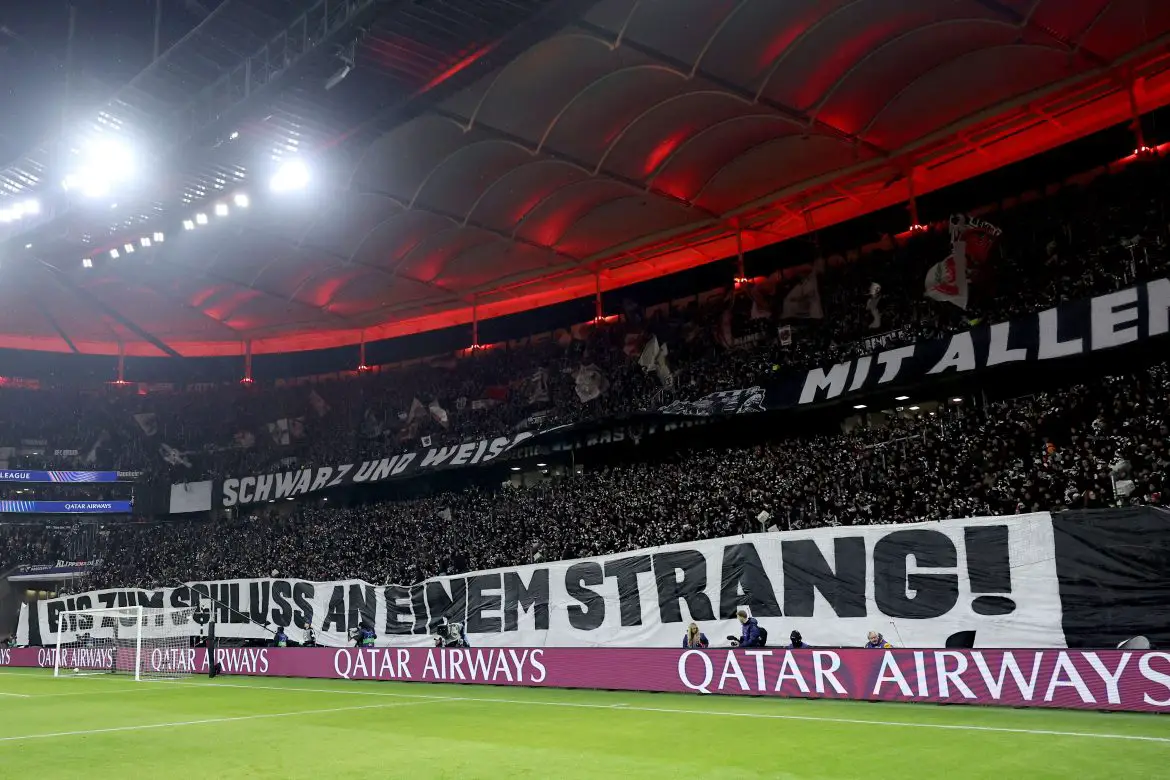 Eintracht Frankfurt supporters unfurl a banner in support of their Bundesliga club ahead of Tuesday night's Champions League fixture against Tottenham.