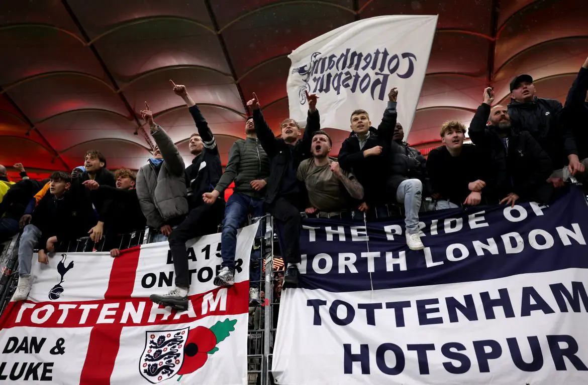 Tottenham Hotspur fans celebrate victory at Deutsche Bank Park last night.