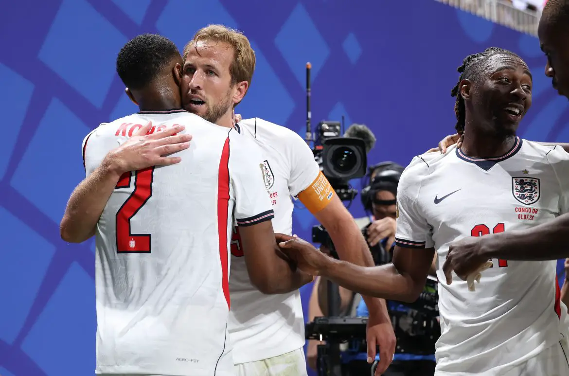 England teammates Ezri Konza of Arsenal and Harry Kane of Bayern Munich at this summer's World Cup.