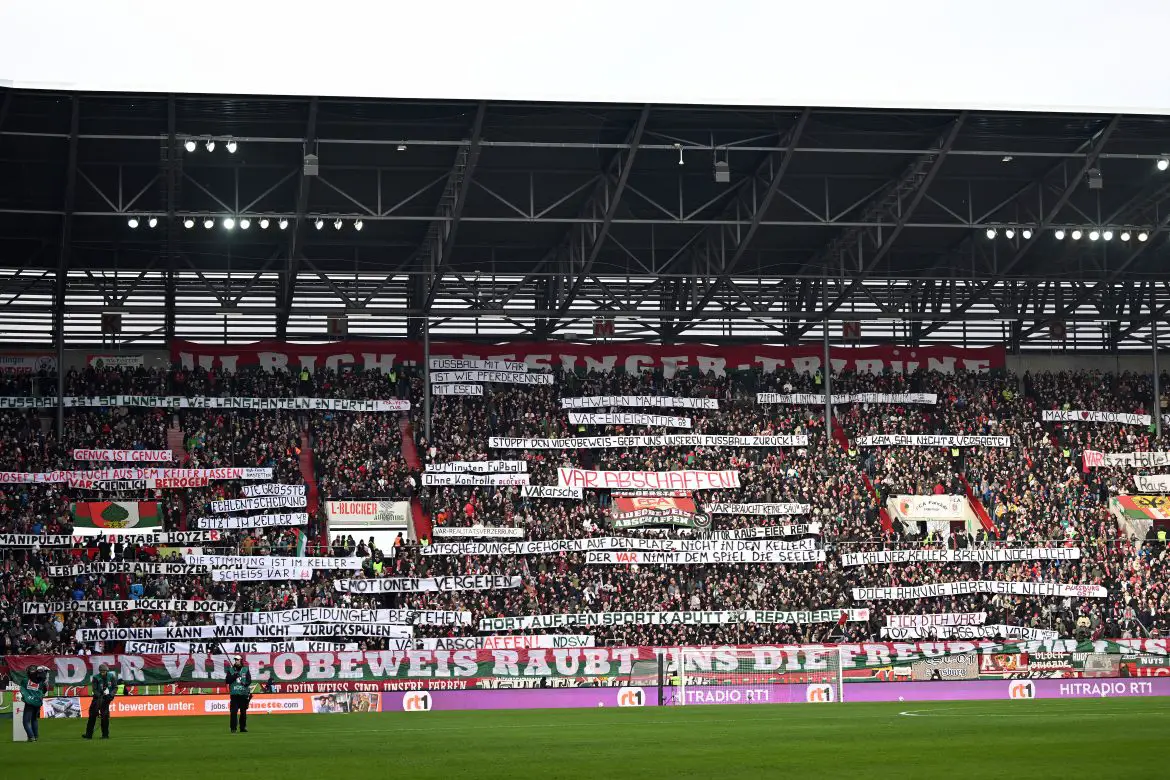 Augsburg fans protest VAR ahead of Sunday's Bundesliga match against Heidenheim.