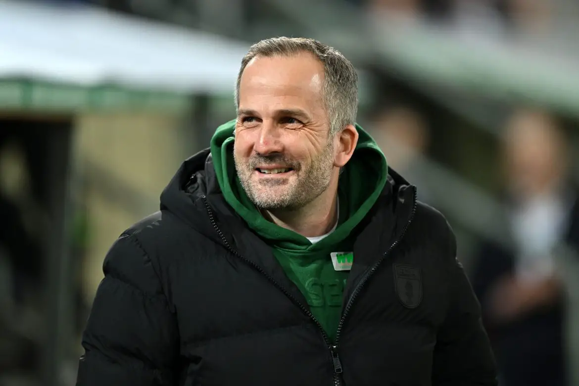 FC Augsburg head coach Manuel Baum looks on prior to Friday's Bundesliga match against 1. FC Köln.
