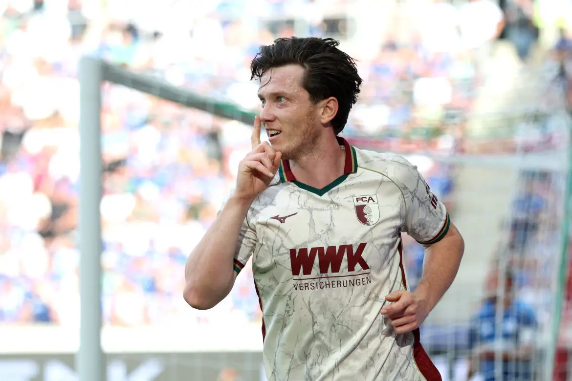 Augsburg striker Michael Gregoritsch celebrates scoring in the Bundesliga.
