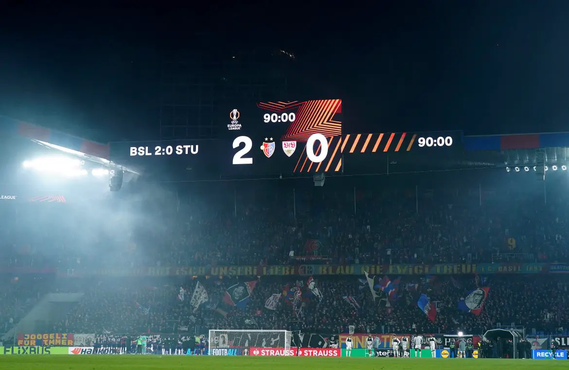 The St. Jakob's Park scoreboard in Basel following Stuttgart's surprise Europa League loss on Thursday night.