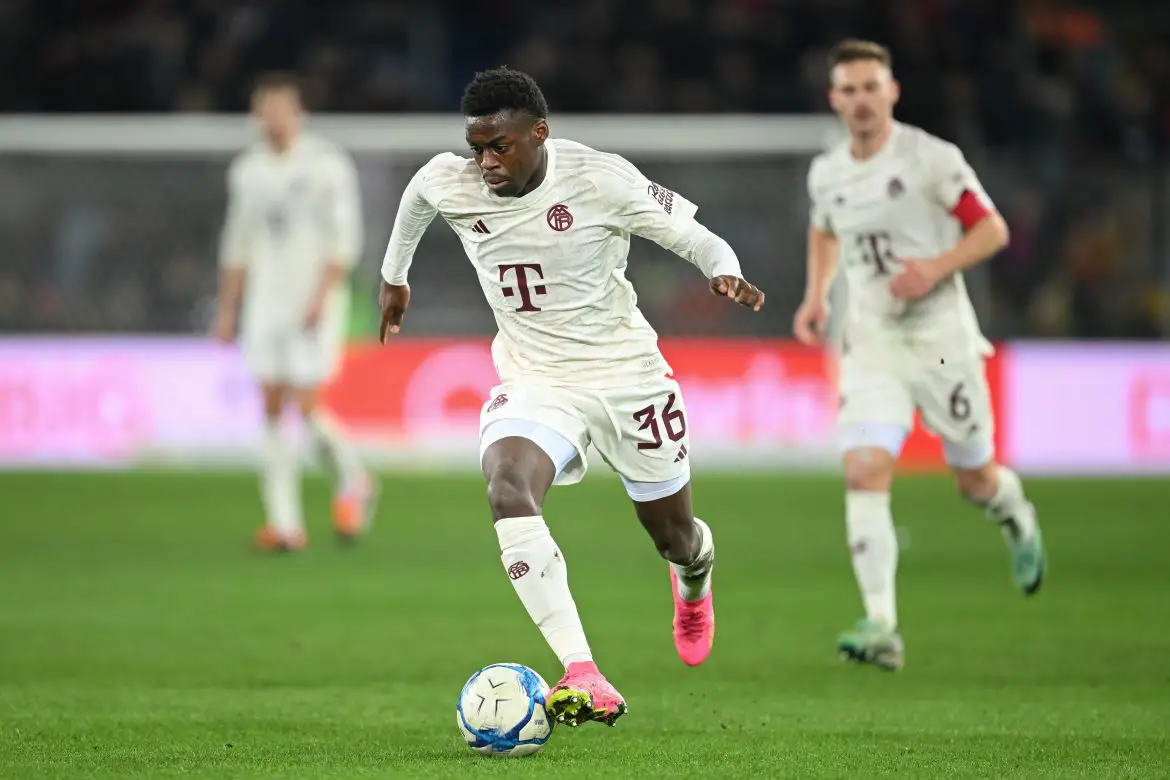 Noël Aséko representing Bayern during a pre-season friendly in 2024.