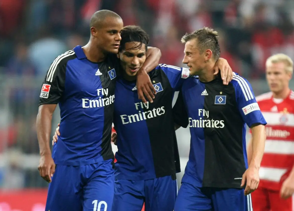 Vincent Kompany (far left) during what would be his final appearance for Hamburg.