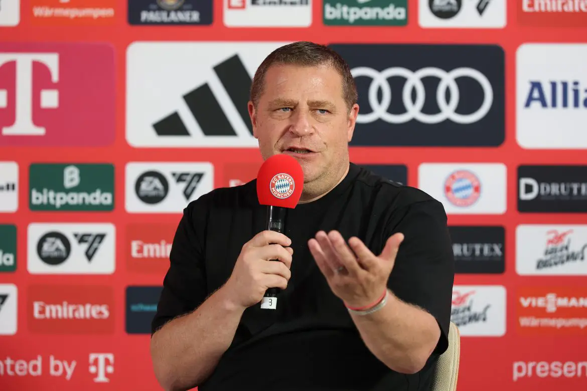 Max Eberl speaking at a Wednesday Bayern Munich press event.