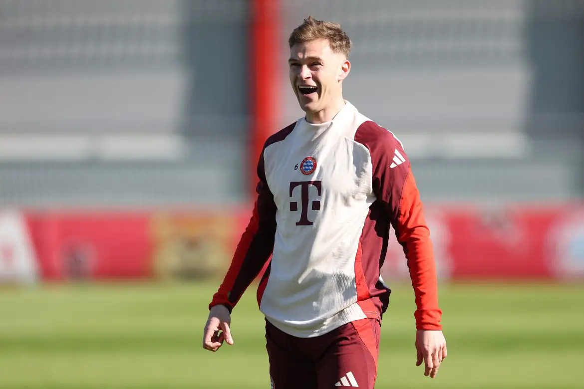 Joshua Kimmich of Bayern Munich all smiles during training.