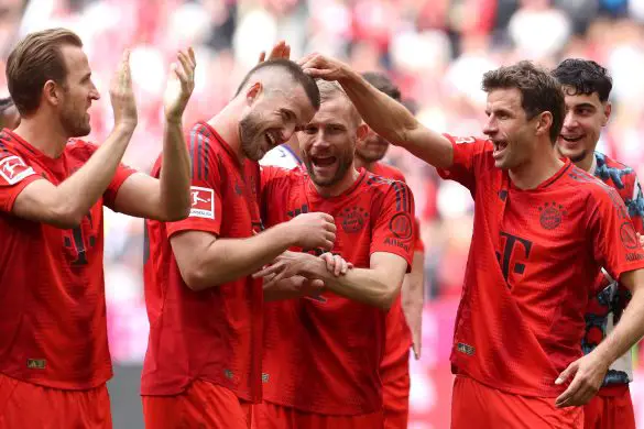 England international Eric Dier celebrates scoring his first Bundesliga goal with Bayern Munich teammates last weekend.