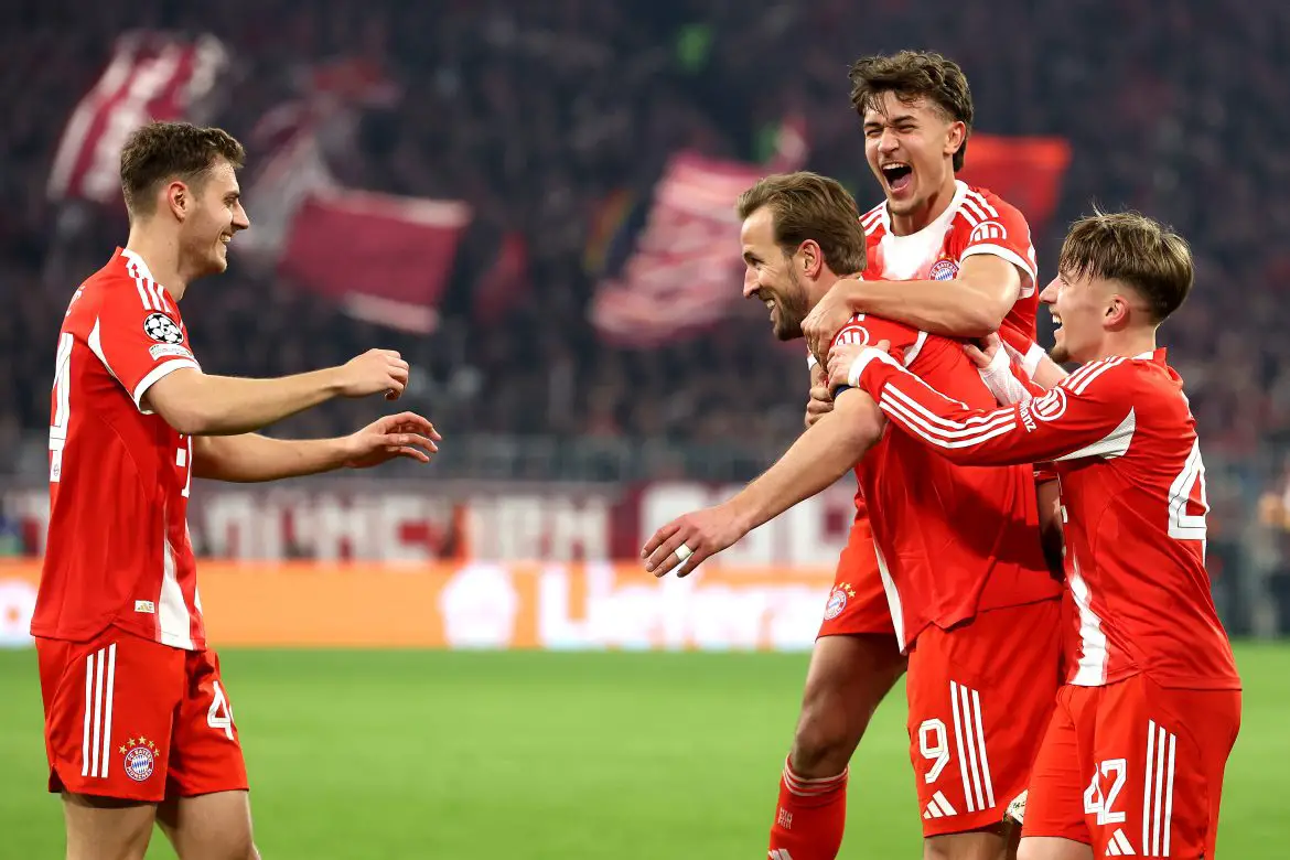 Bayern Munich players celebrate after scoring against Atalanta.