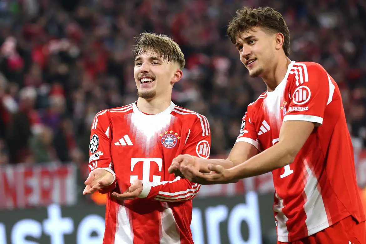 Bayern Munich's Lennart Karl (left) and Tom Bischof (right) celebrate scoring against Atalanta in the Champions League in March 2026. The duo prepare to face Real Madrid next.