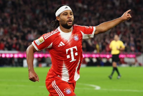 Serge Gnabry celebrates scoring for Bayern Munich.