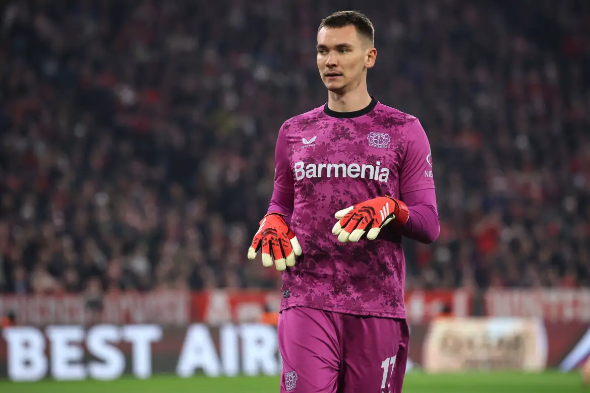 Matej Kovar of Bayer Leverkusen playing against Bayern Munich in the Bundesliga.