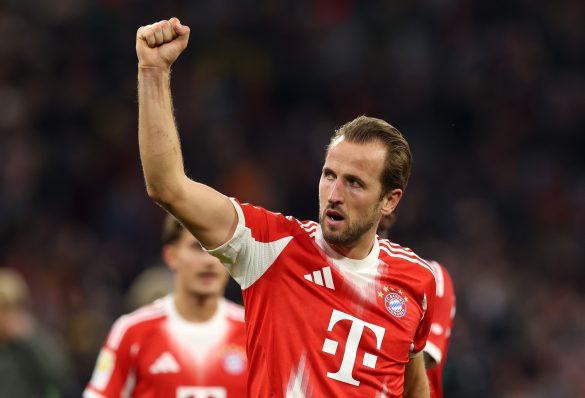 Bayern Munich striker Harry Kane celebrates his side's Bundesliga victory over Borussia Dortmund.