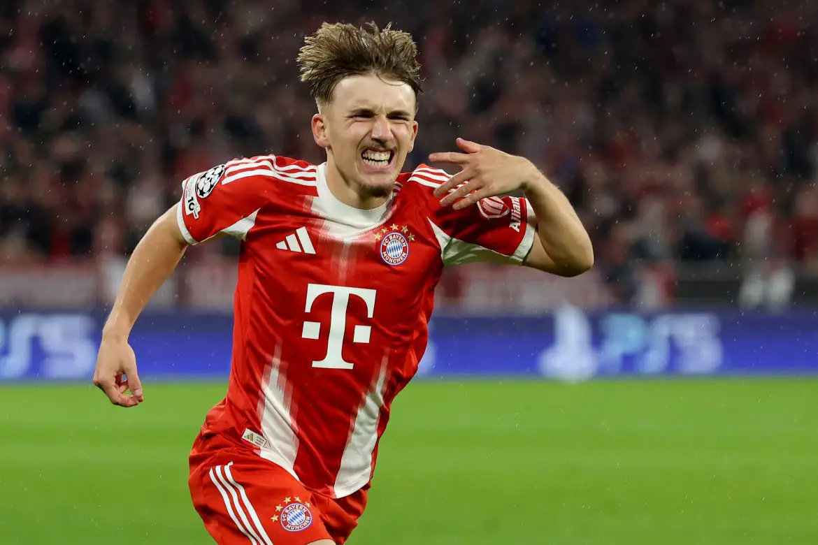 Lennart Karl of Bayern Munich celebrates scoring against Club Brugge in the UEFA Champions League.