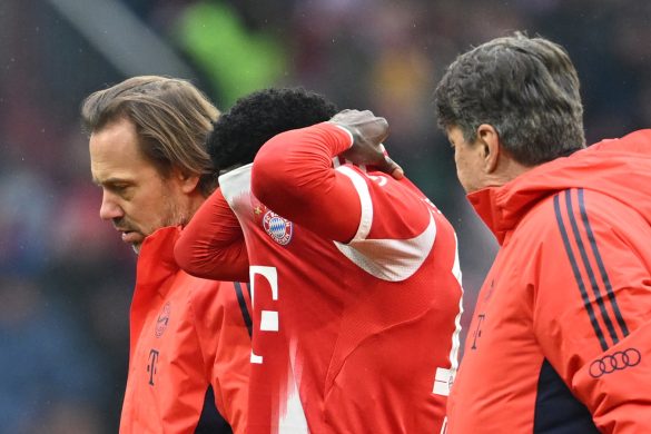 Bayern Munich left-back Alphonso Davies exits Saturday's Bundesliga match injured.