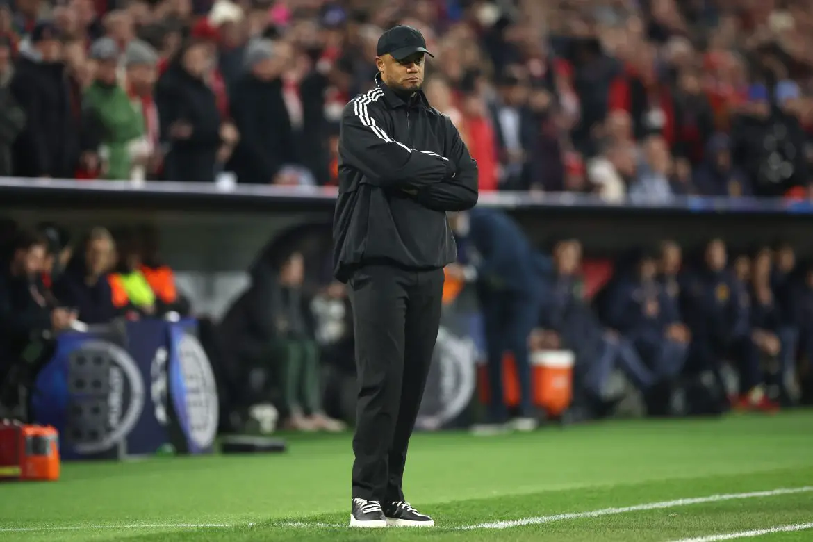 FC Bayern Munich head coach Vincent Kompany on the sidelines soon Wednesday.
