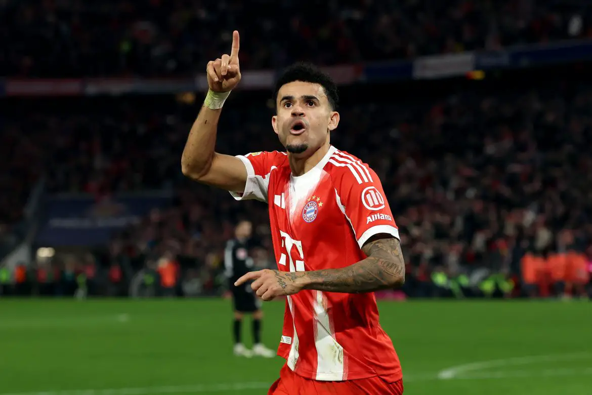 Luis Diaz celebrates scoring for Bayern Munich against St. Pauli in the Bundesliga.