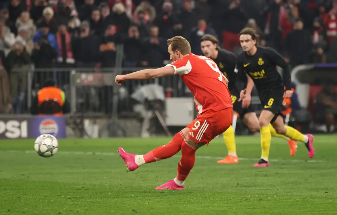 Harry Kane misses a penalty in Bayern Munich's Wednesday night Champions League fixture.