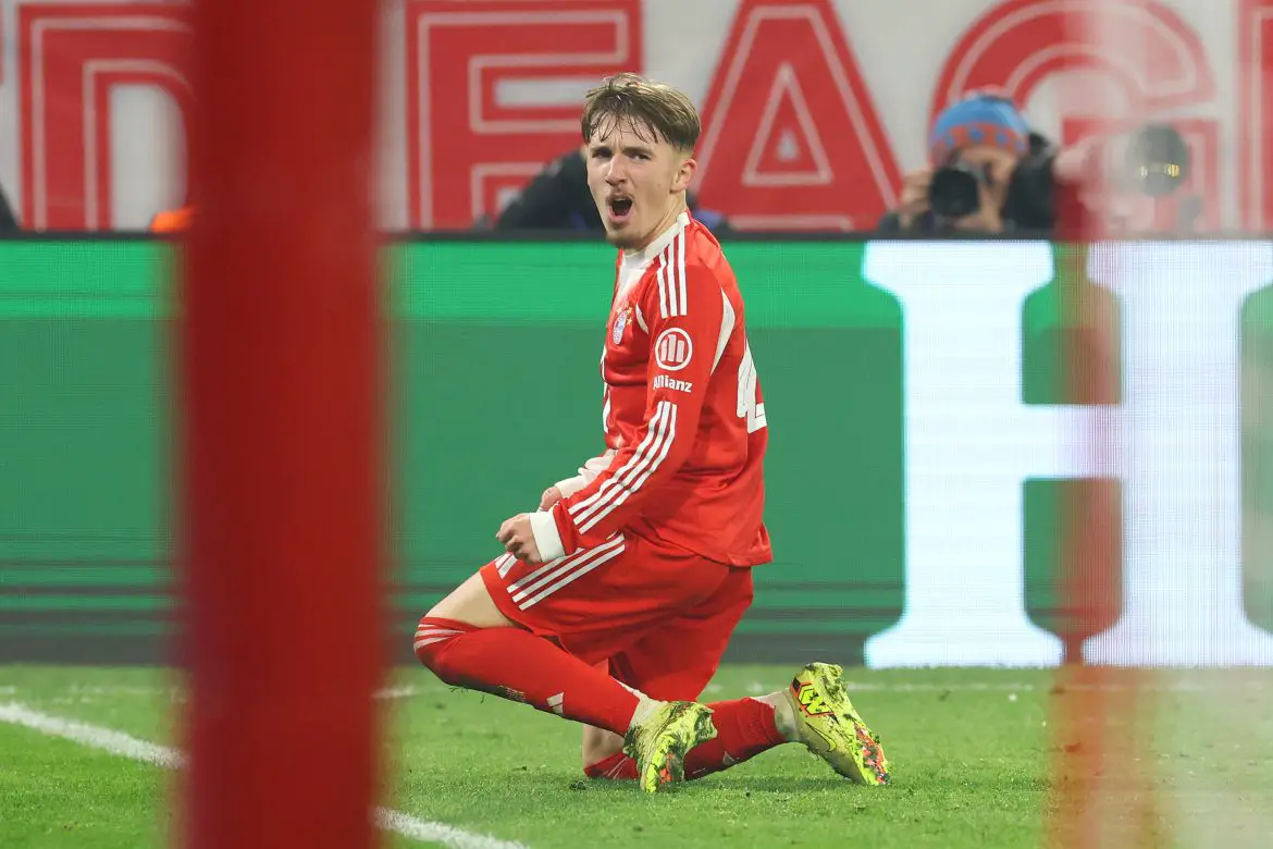 Lennart Karl celebrates scoring after becoming the youngest player to score in three successive UEFA Champions League games.