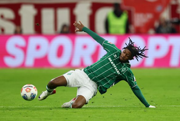 Werder Bremen's Samuel Mbangula in last night's Bundesliga fixture against Bayern Munich.