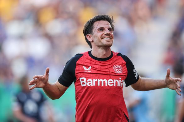 Jonas Hofmann of Bayer Leverkusen celebrates scoring in the German Cup.