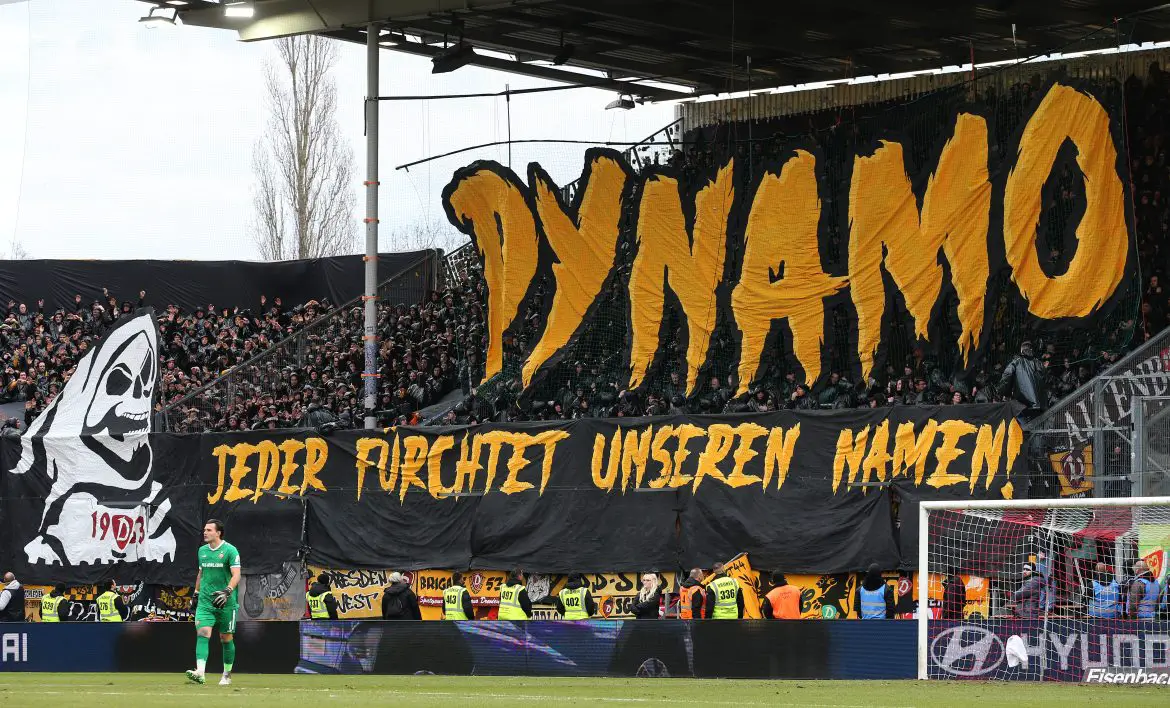Dynamo Dresden fans unveil a choreo during a 3. Liga match.