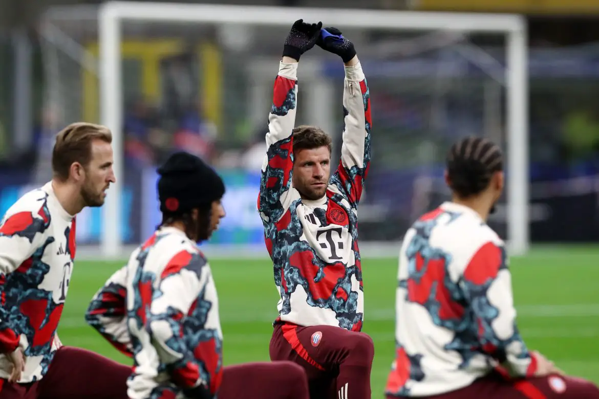 Thomas Müller warming up at the San Siro last night.