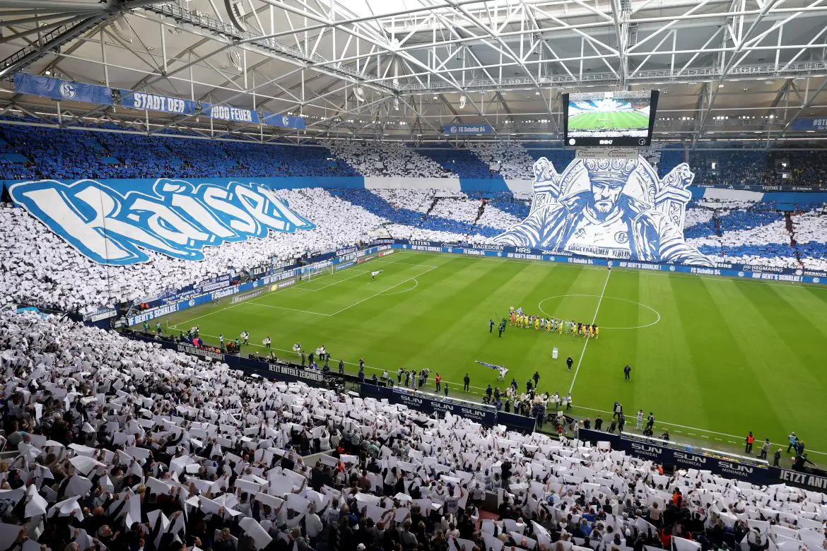 Fans of Schalke 04 display a TIFO/Choreo combo during their final 2. Bundesliga match.