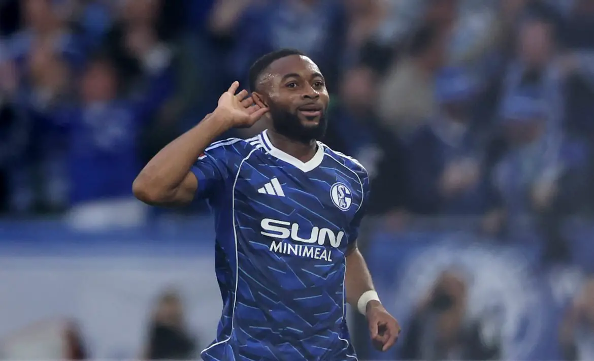 Moussa Sylla of Schalke 04 celebrates scoring against Hertha Berlin in the 2. Bundesliga.