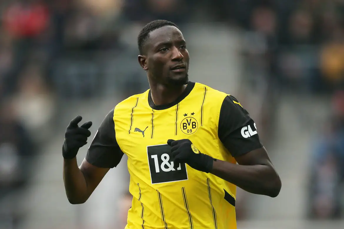 Borussia Dortmund striker Serhou Guirassy celebrates scoring against St. Pauli in the Bundesliga.