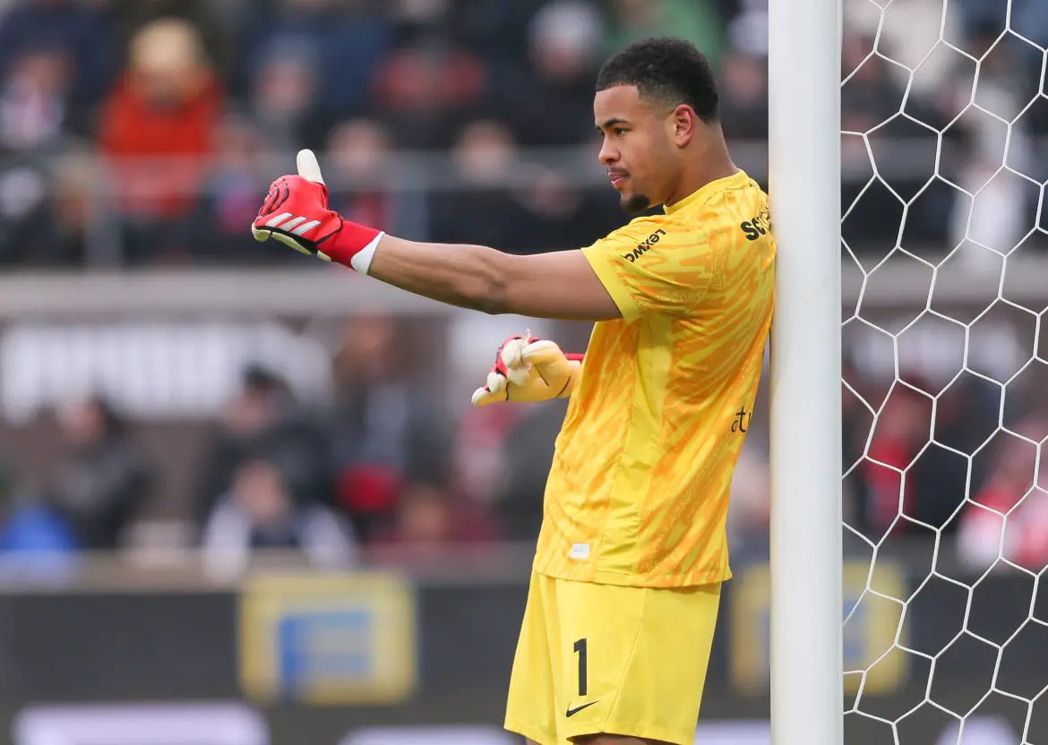 Freiburg goalkeeper Noah Atubolu in action in the Bundesliga.