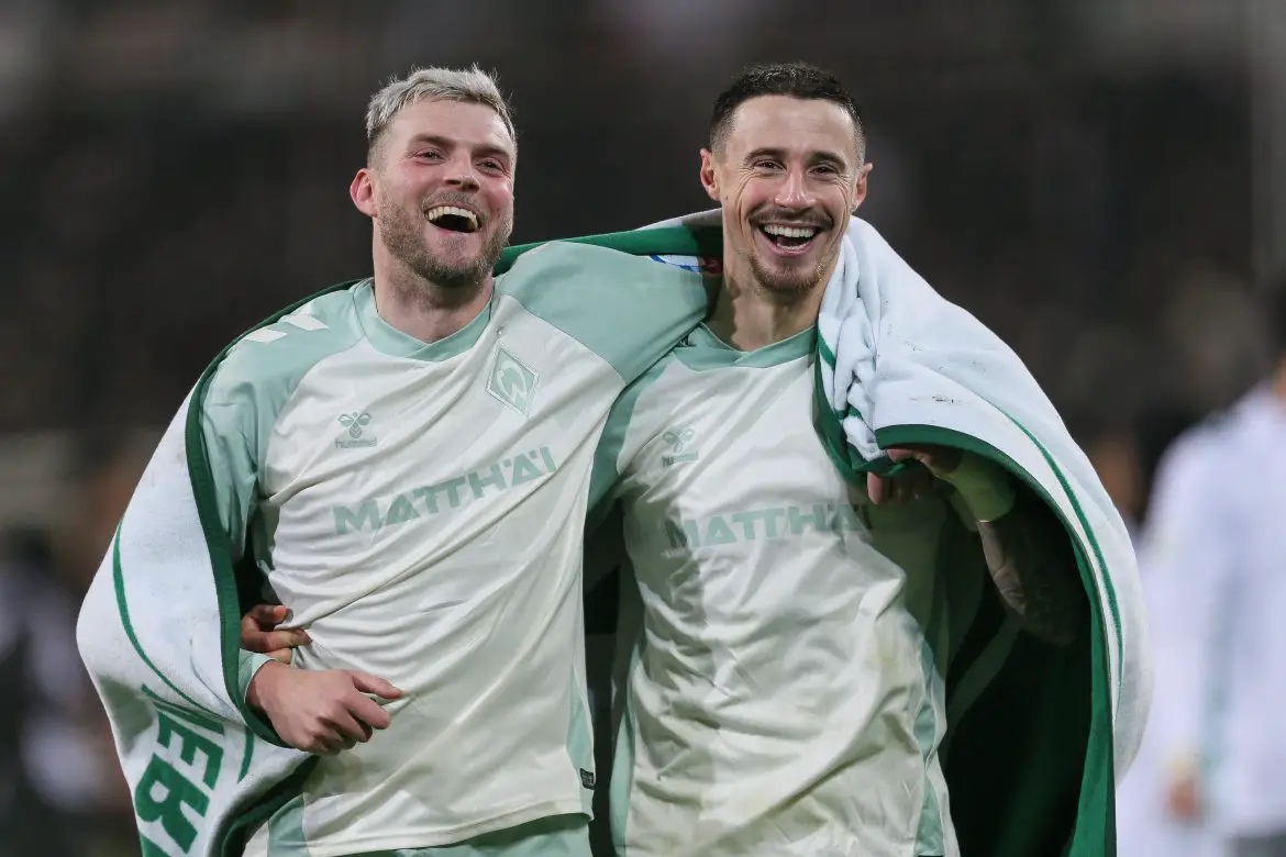 SV Werder Bremen captain Marco Friedl (right) with teammate Marvin Ducksch.