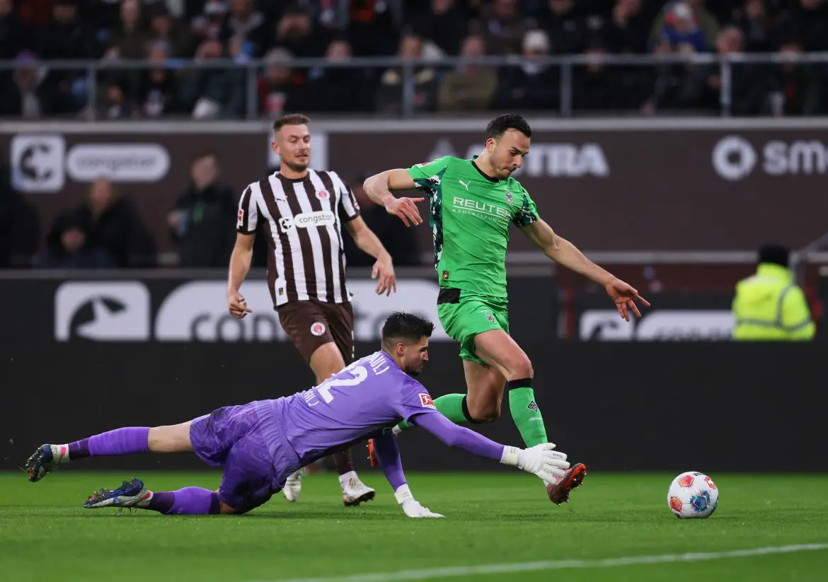 Borussia Mönchengladbach's Haris Tabakovic scores against FC St. Pauli in a weekend Bundesliga fixture.