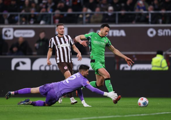 Borussia Mönchengladbach's Haris Tabakovic scores against FC St. Pauli in a weekend Bundesliga fixture.