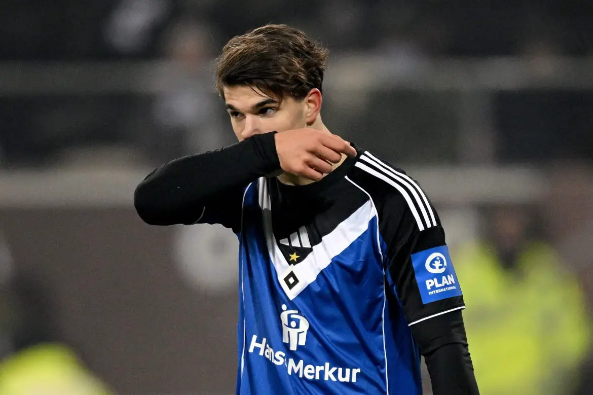 Hamburg defender Luka Vuskovic during last night's Bundesliga Stadt Derby between HSV and St. Pauli.