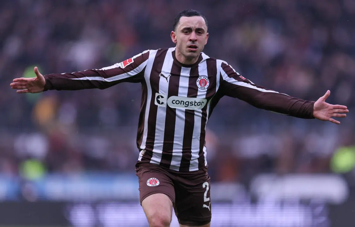 Greek wingback Manolis Saliakas of FC St. Pauli celebrates scoring in the Bundesliga.