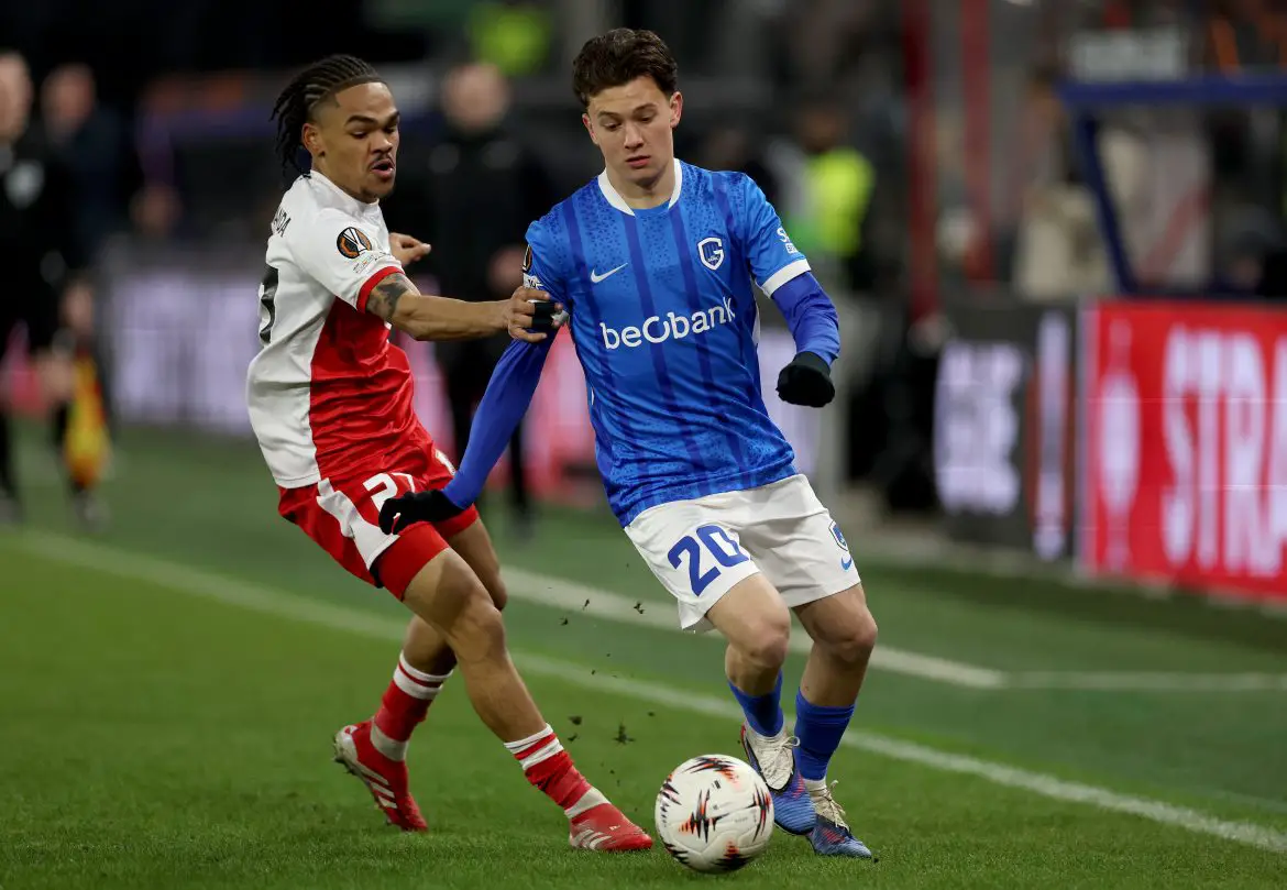 Borussia Dortmund transfer target Konstantinos Karetsas (right and in blue) playing for KRC Genk.