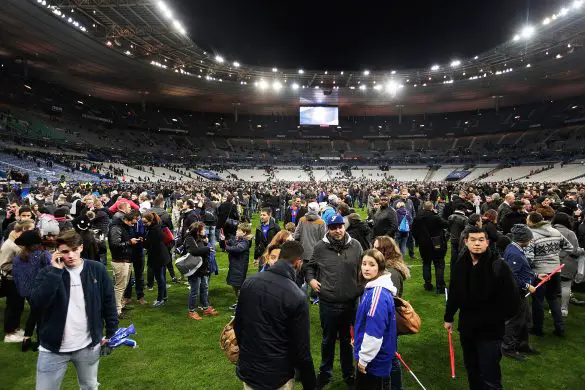 Spectators on the pitch after the 2015 Stade de France terror attacks.