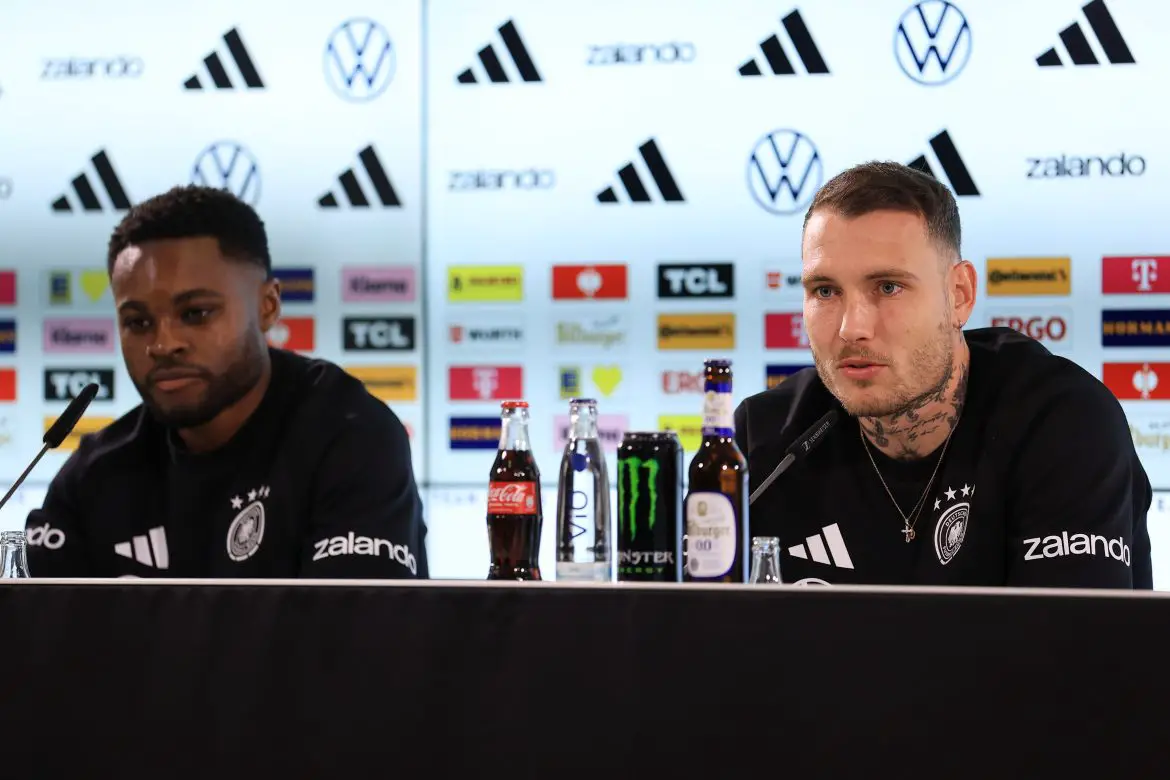 RB Leipzig teammates Ridle Baku (left) and David Raum (right) at a Tuesday Germany press event.