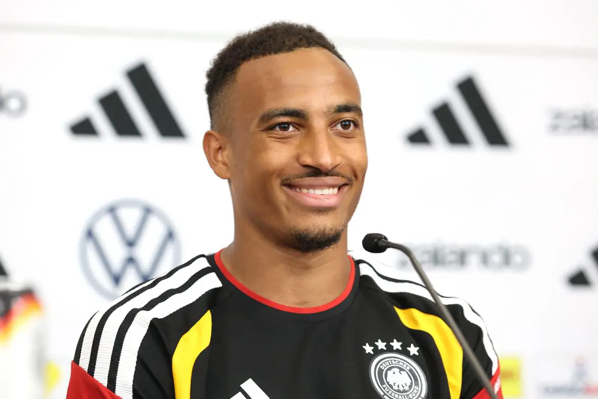 Stuttgart winger and Bournemouth transfer target Jamie Leweling at a DFB press conference.