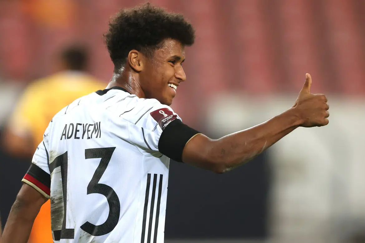 Karim Adeyemi celebrates scoring for Germany under former German national team head coach Hansi Flick back in 2021.