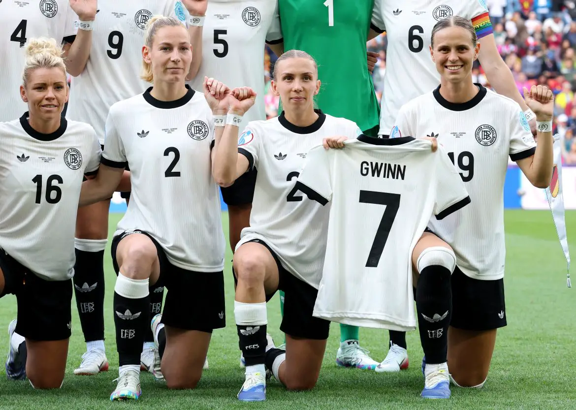Members of the German national team pay tribute to fallen comrade Giulia Gwinn ahead of kickoff in their second Euro 2025 group stage fixture.