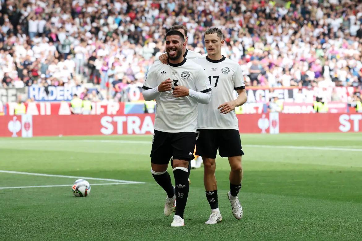 Undav celebrates his disallowed goal against France.
