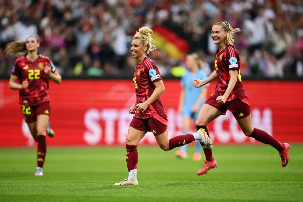 Jule Brand (left), Linda Dallmann (center), and Sarai Linder (right) celebrate scoring a goal in last night's UEFA Women's Nations League fixture.