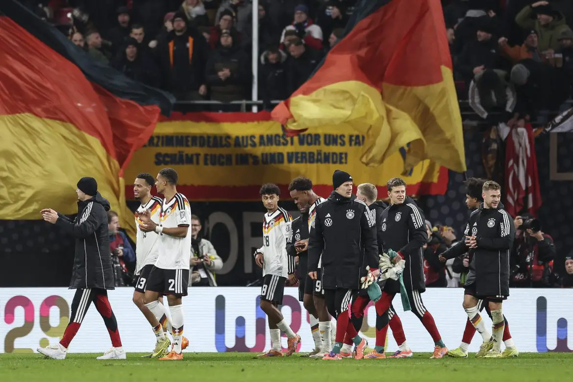 A German fan scene protest banner visible during the German national team's match against Slovakia in Leipzig on Monday.